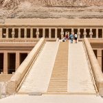 Luxor, Egypt - July 26, 2016: The Mortuary Temple of Hatshepsut, a shrine to the sun god Amun and dedicated to the Pharaoh Hatshepsut, located by the Valley of the Kings in Luxor.